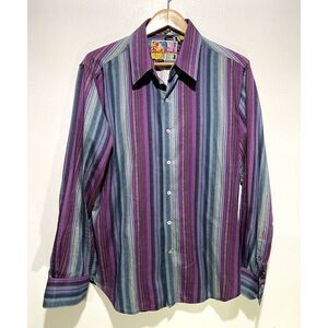Robert Graham stripes embellished floral cuff purple tailored fit men XL
